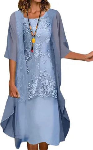 Women's Evening Dress High Neck Dress Mother of The Bride Dresses Elegant for Wedding Lace Chiffon Evening Dresses Ball Gown (Color : Blue, Size : Large)