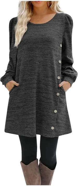 Women's Fall Casual Trendy Long Sleeve Crew Solid Button Midi Sun Dresses,S-3XL
