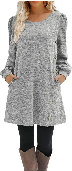 Women's Fall Casual Trendy Long Sleeve Crew Solid Button Midi Sun Dresses,S-3XL