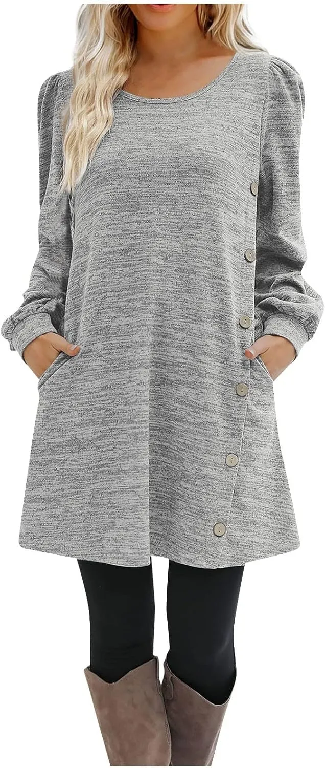 Women's Fall Casual Trendy Long Sleeve Crew Solid Button Midi Sun Dresses,S-3XL