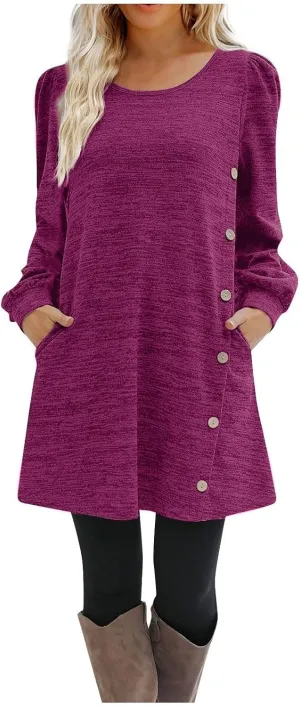 Women's Fall Casual Trendy Long Sleeve Crew Solid Button Midi Sun Dresses,S-3XL