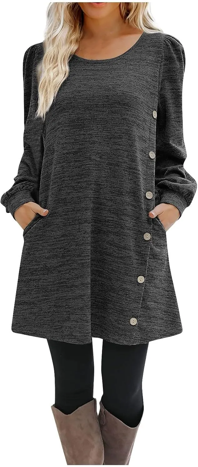 Women's Fall Casual Trendy Long Sleeve Crew Solid Button Midi Sun Dresses,S-3XL