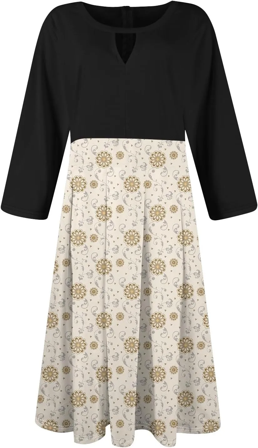 Women's Fall Trendy 3/4 Flared Sleeve V-Neck Elegant Floral A Line Party Dresses