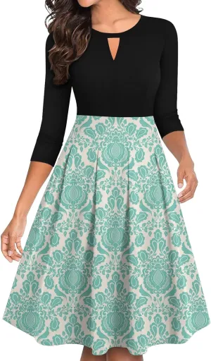 Women's Fall Trendy 3/4 Flared Sleeve V-Neck Elegant Floral A Line Party Dresses