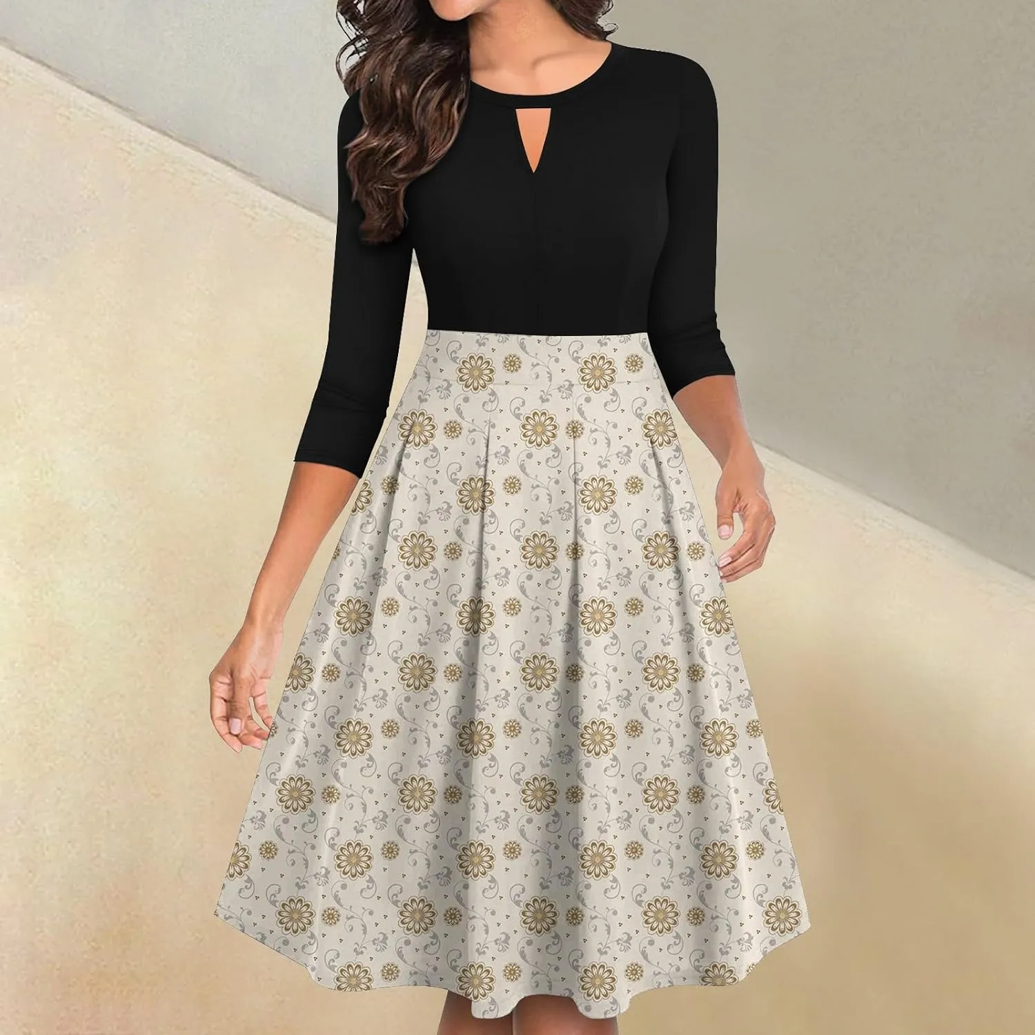 Women's Fall Trendy 3/4 Flared Sleeve V-Neck Elegant Floral A Line Party Dresses