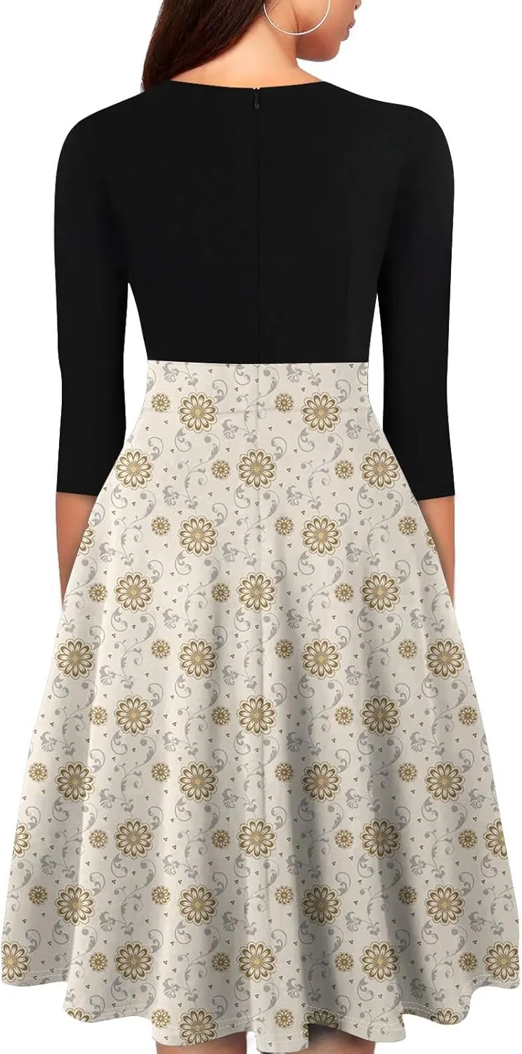 Women's Fall Trendy 3/4 Flared Sleeve V-Neck Elegant Floral A Line Party Dresses