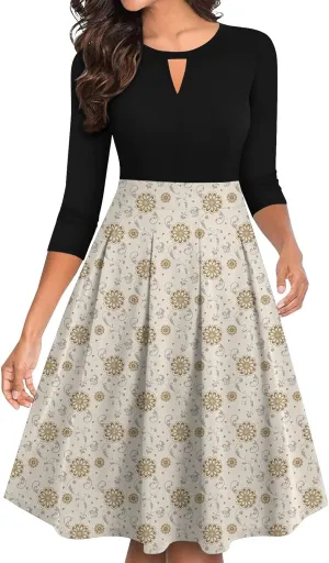 Women's Fall Trendy 3/4 Flared Sleeve V-Neck Elegant Floral A Line Party Dresses