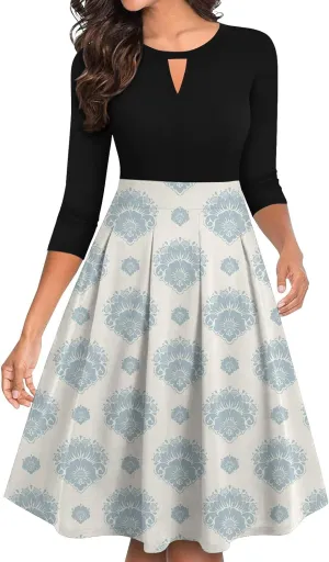 Women's Fall Trendy 3/4 Flared Sleeve V-Neck Elegant Floral A Line Party Dresses