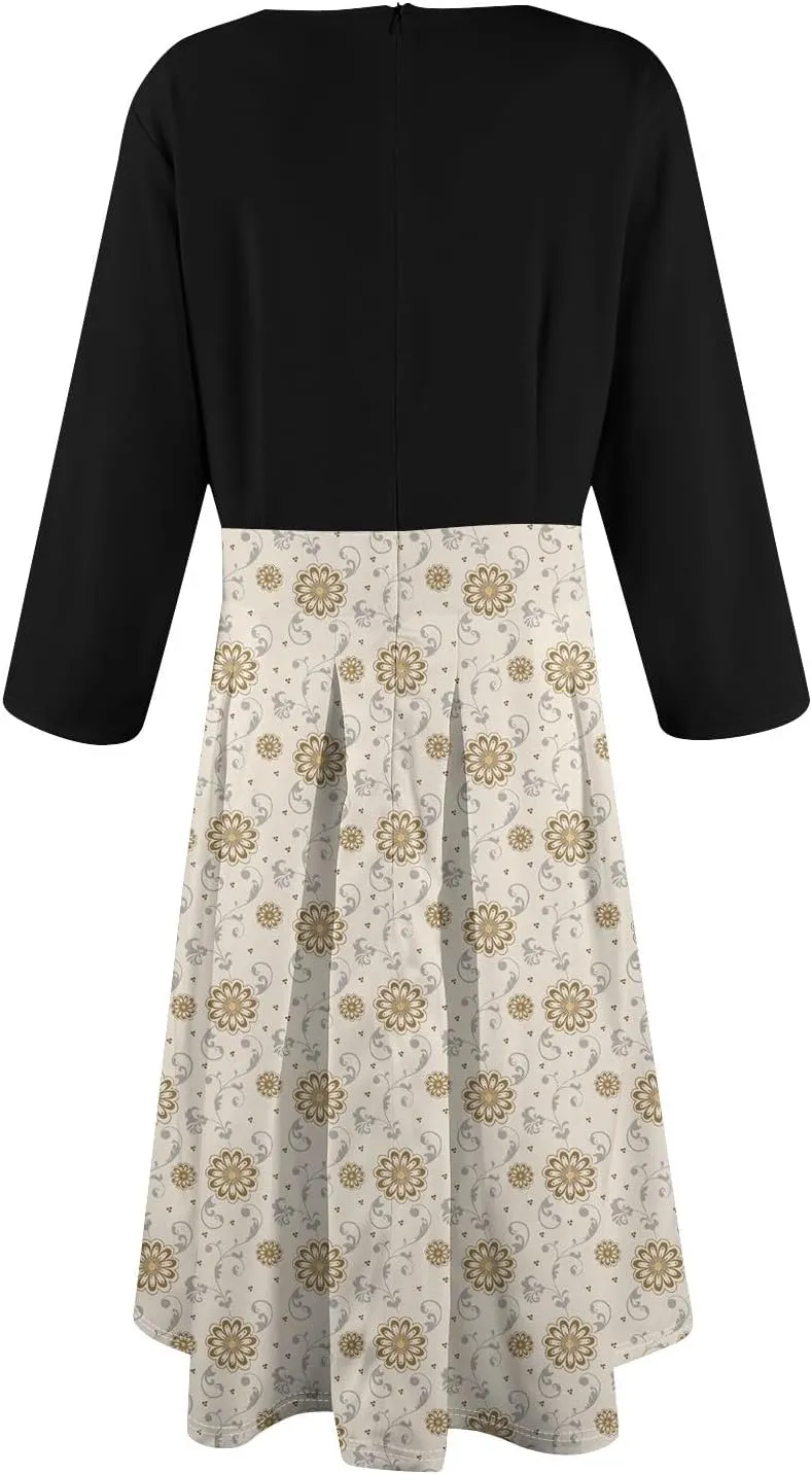 Women's Fall Trendy 3/4 Flared Sleeve V-Neck Elegant Floral A Line Party Dresses