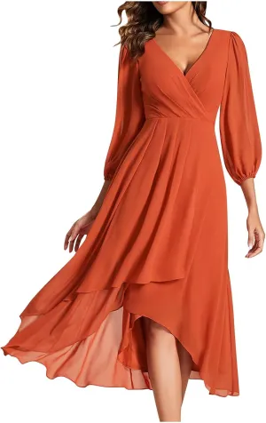 Women's Fall Winter Chiffon V Neck Long Sleeves Pleated Dress A-Line Wedding Guest Flowy High Low Evening Party Gown