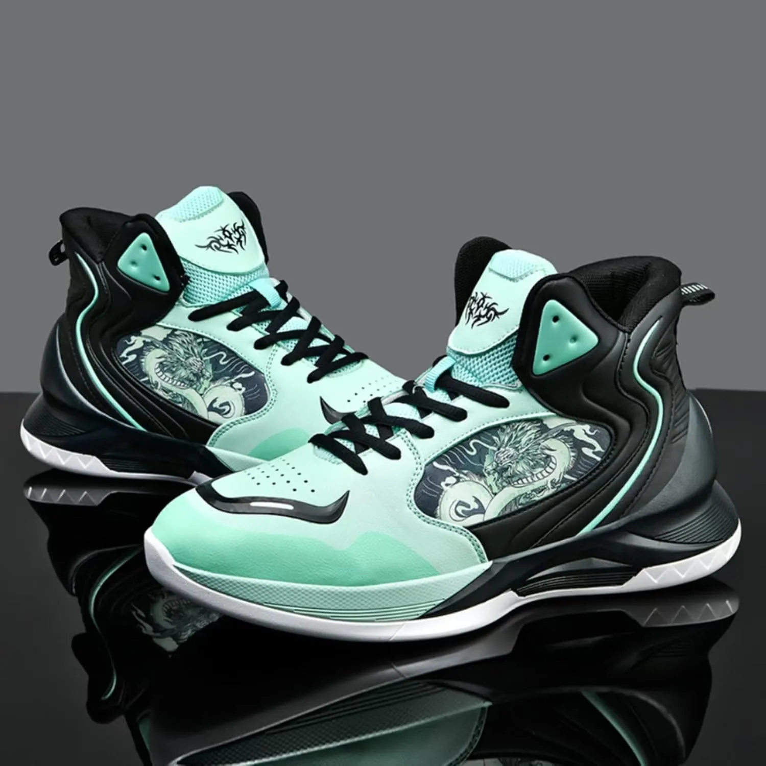 Womens Fashion Graffiti Leather High Top Basketball Shoes Lace Up Casual Non-Slip Tennis Travel Combat Training Shoes