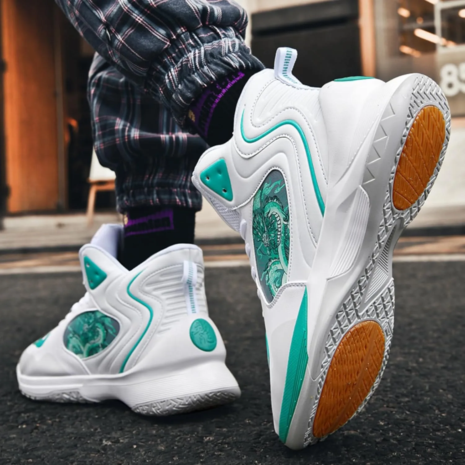 Womens Fashion Graffiti Leather High Top Basketball Shoes Lace Up Casual Non-Slip Tennis Travel Combat Training Shoes