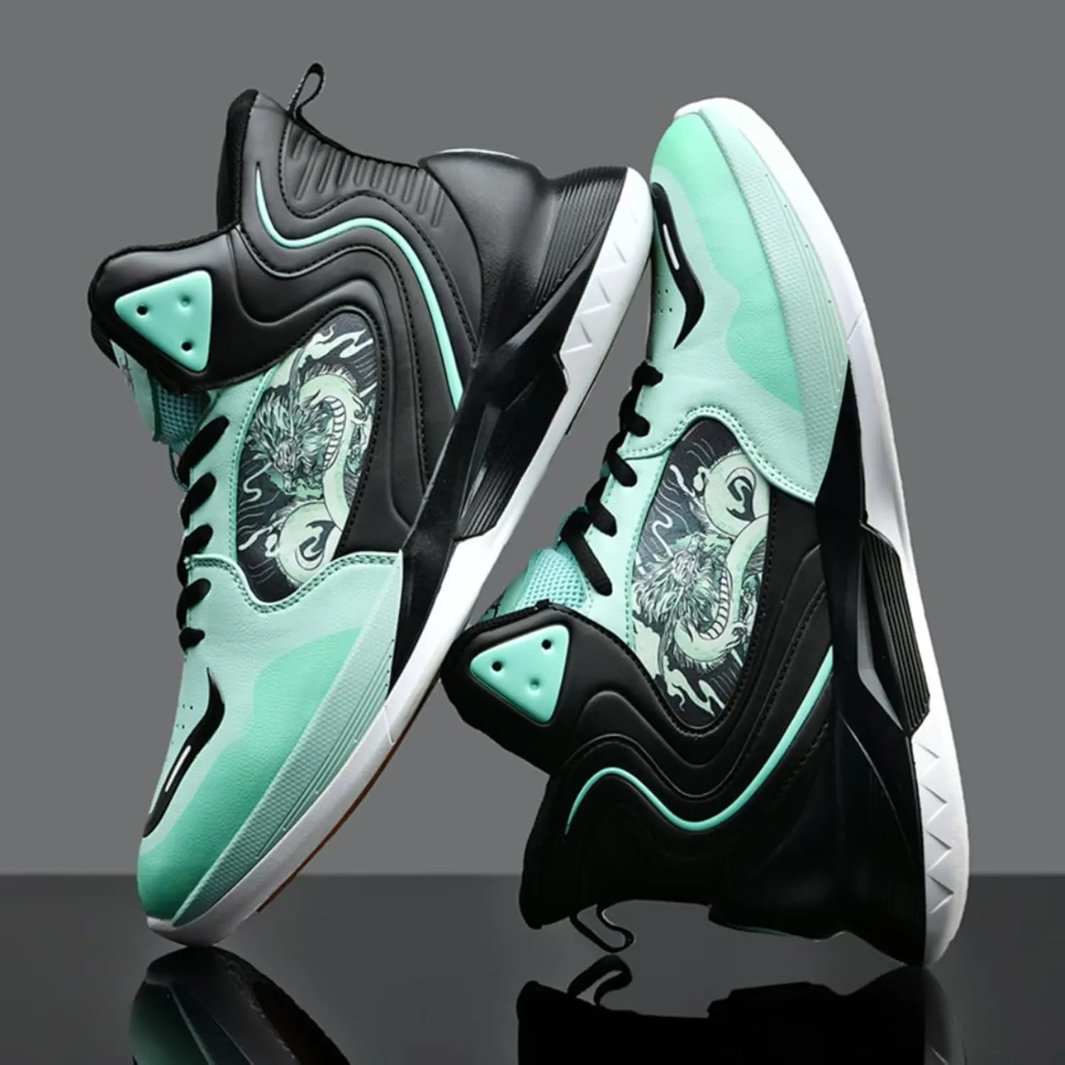 Womens Fashion Graffiti Leather High Top Basketball Shoes Lace Up Casual Non-Slip Tennis Travel Combat Training Shoes