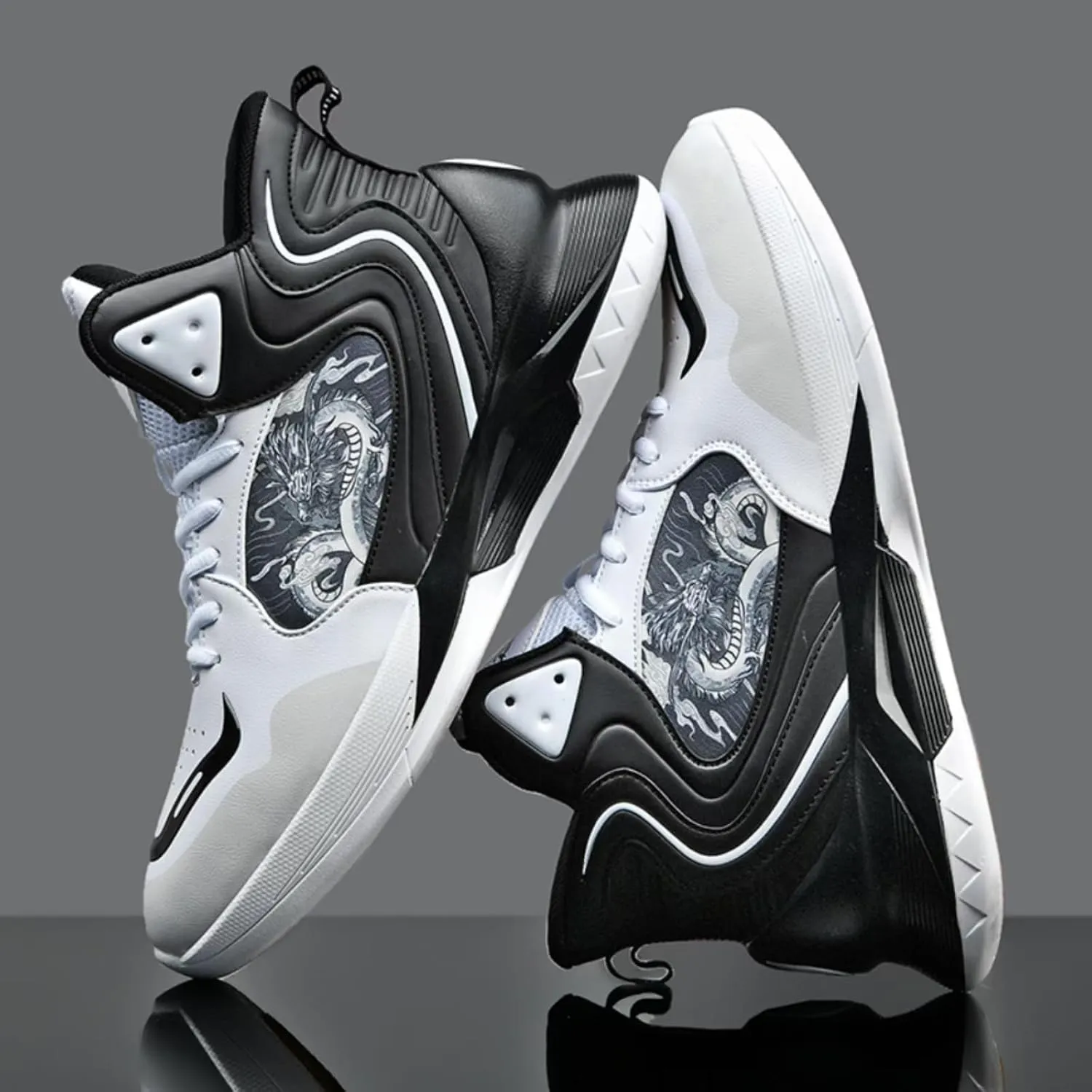 Womens Fashion Graffiti Leather High Top Basketball Shoes Lace Up Casual Non-Slip Tennis Travel Combat Training Shoes