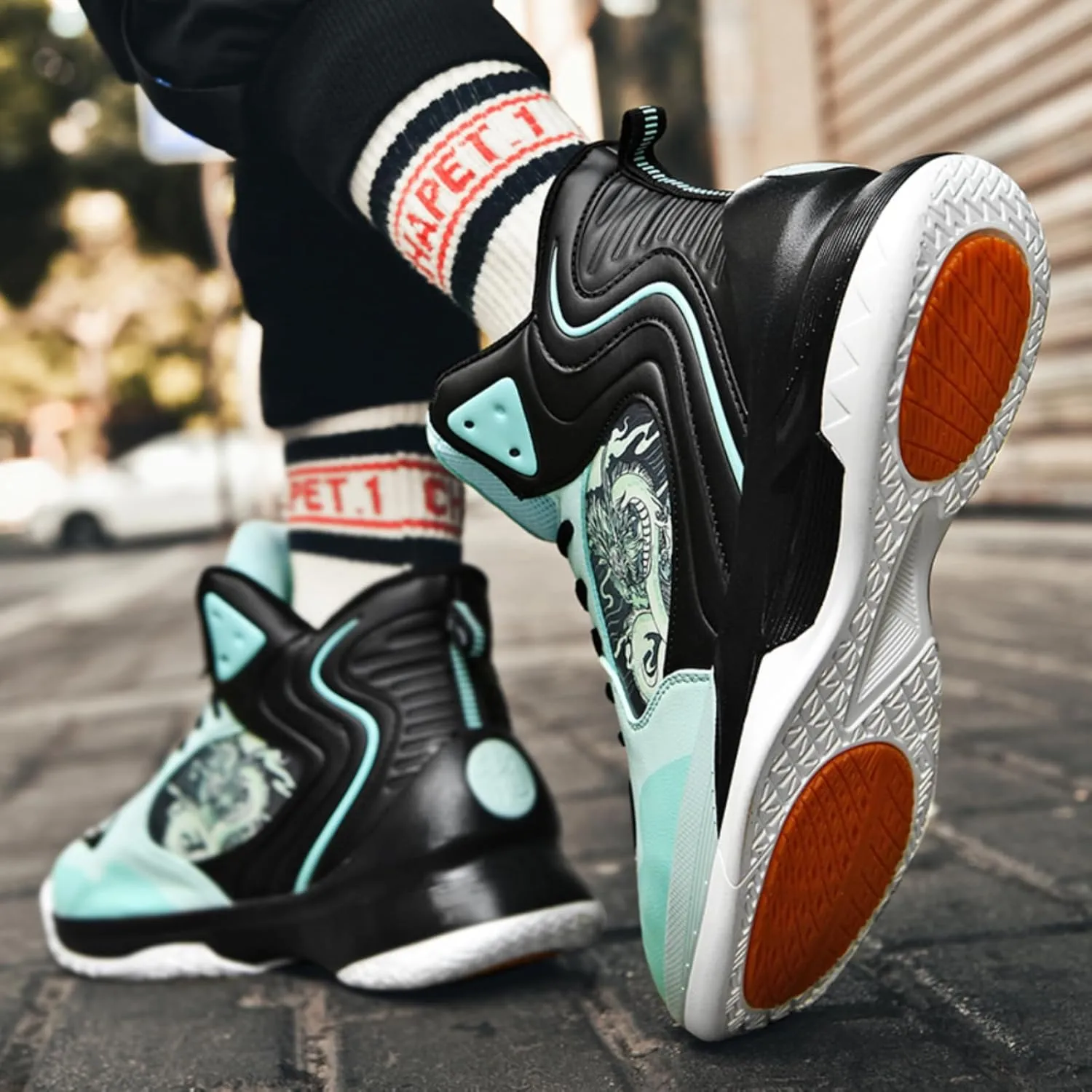 Womens Fashion Graffiti Leather High Top Basketball Shoes Lace Up Casual Non-Slip Tennis Travel Combat Training Shoes