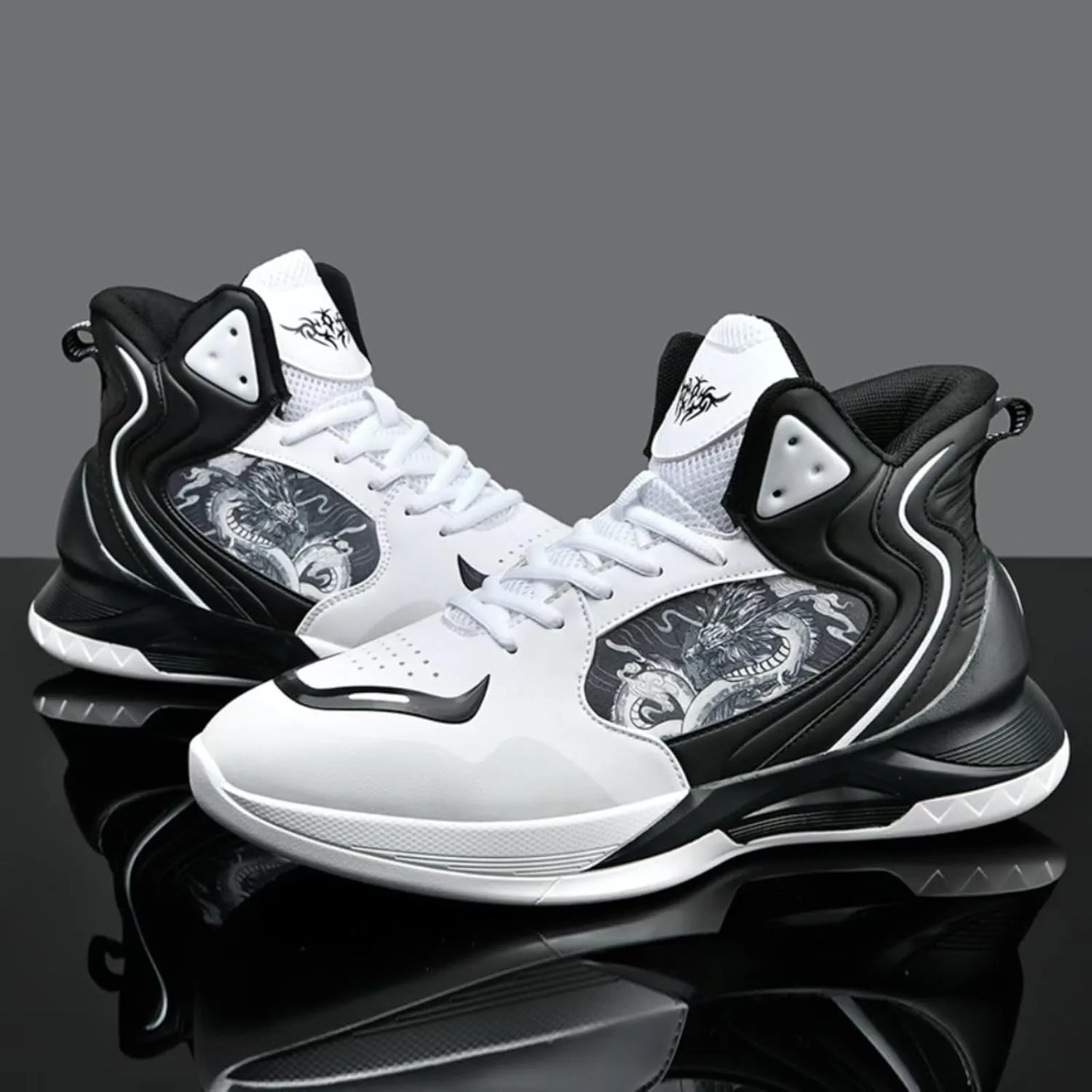 Womens Fashion Graffiti Leather High Top Basketball Shoes Lace Up Casual Non-Slip Tennis Travel Combat Training Shoes