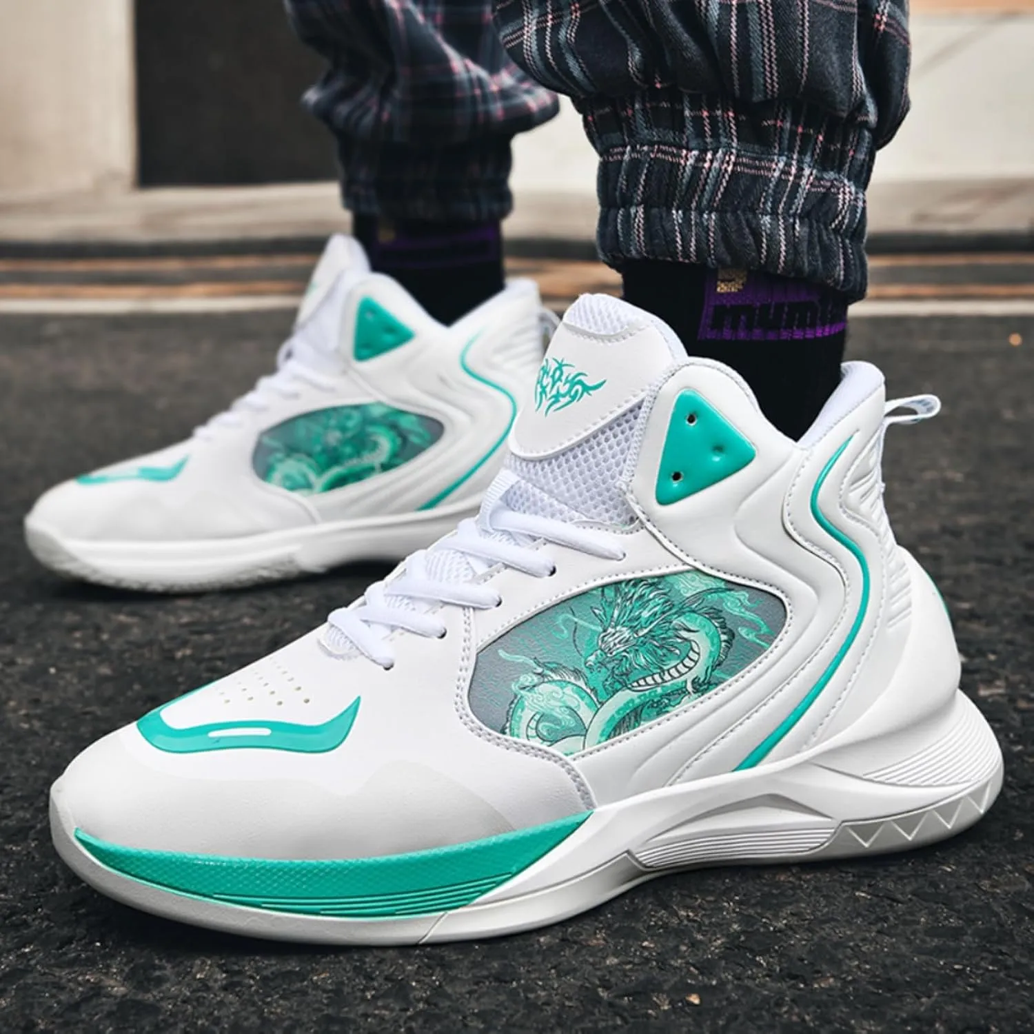 Womens Fashion Graffiti Leather High Top Basketball Shoes Lace Up Casual Non-Slip Tennis Travel Combat Training Shoes