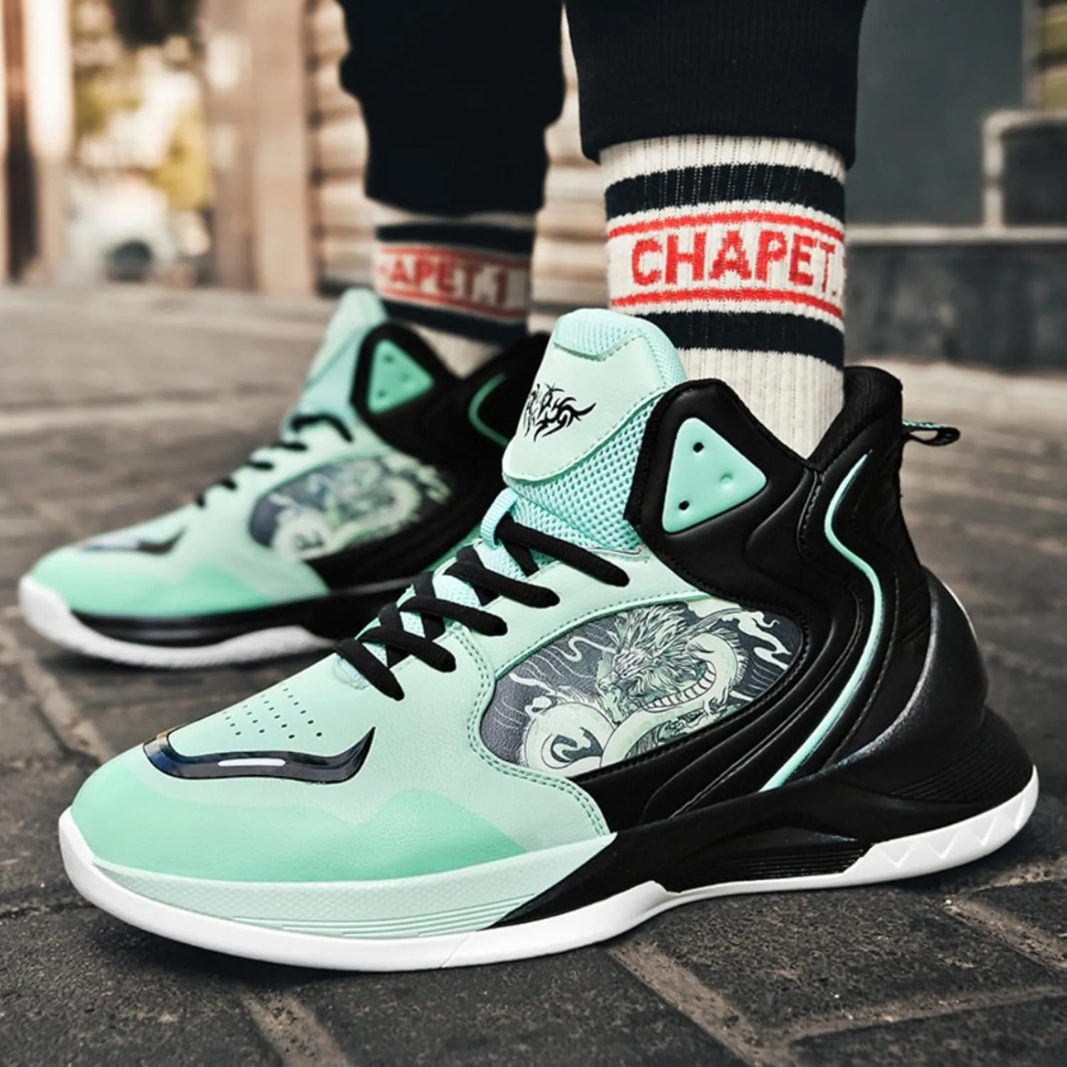 Womens Fashion Graffiti Leather High Top Basketball Shoes Lace Up Casual Non-Slip Tennis Travel Combat Training Shoes