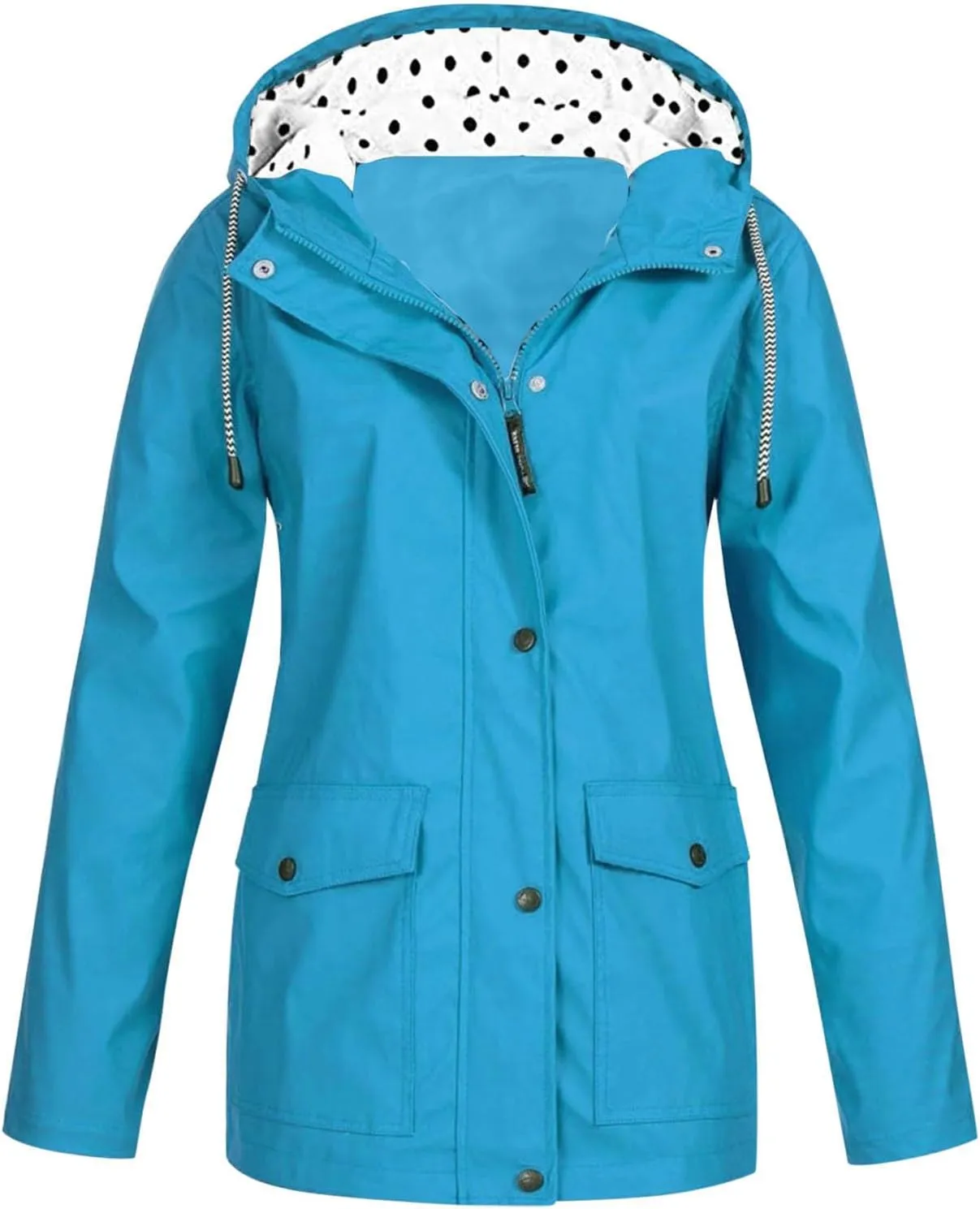 Womens Fashion Rain Jacket With Hood Lightweight Long Sleeve Windbreaker Zip Up Drawstring Raincoat With Pockets