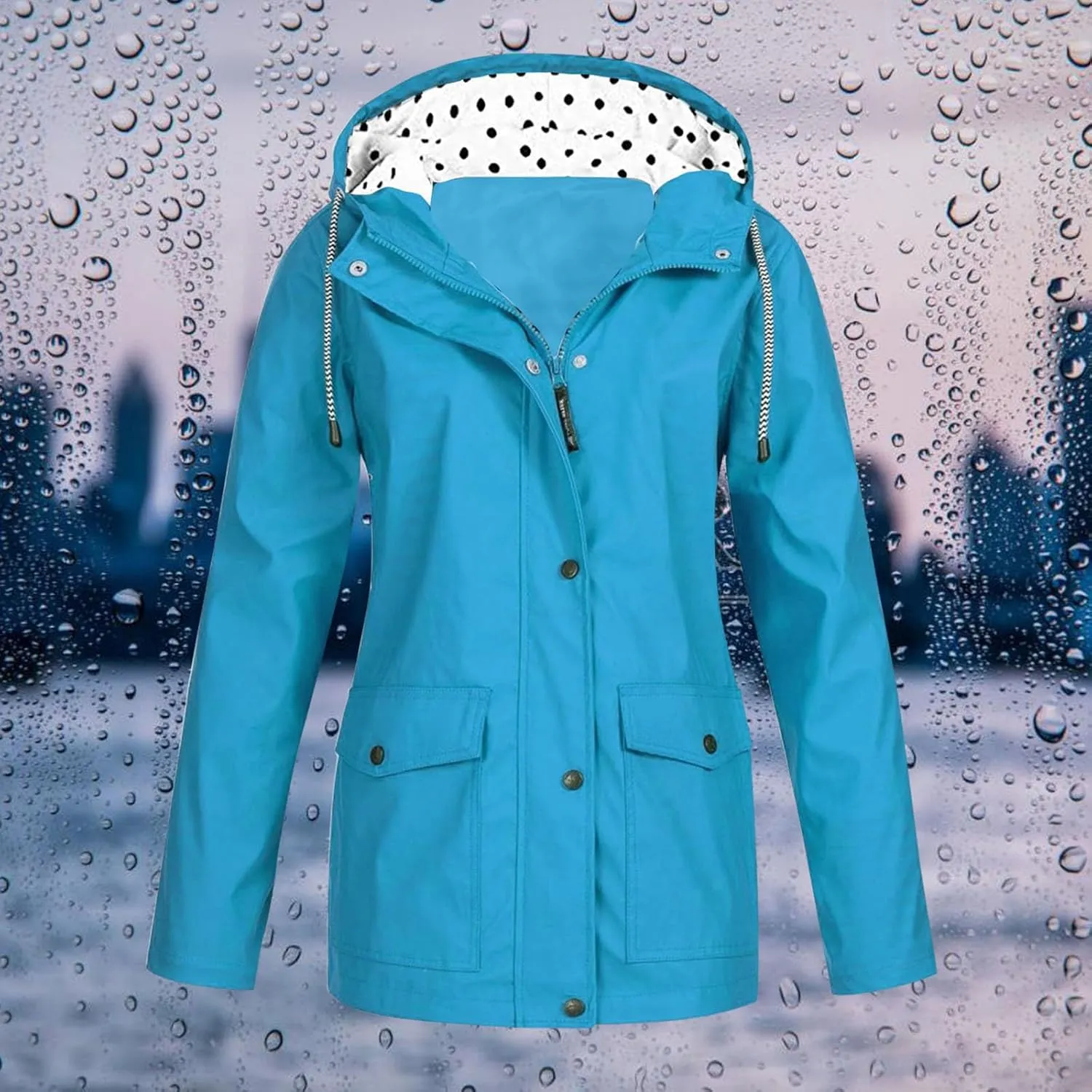 Womens Fashion Rain Jacket With Hood Lightweight Long Sleeve Windbreaker Zip Up Drawstring Raincoat With Pockets