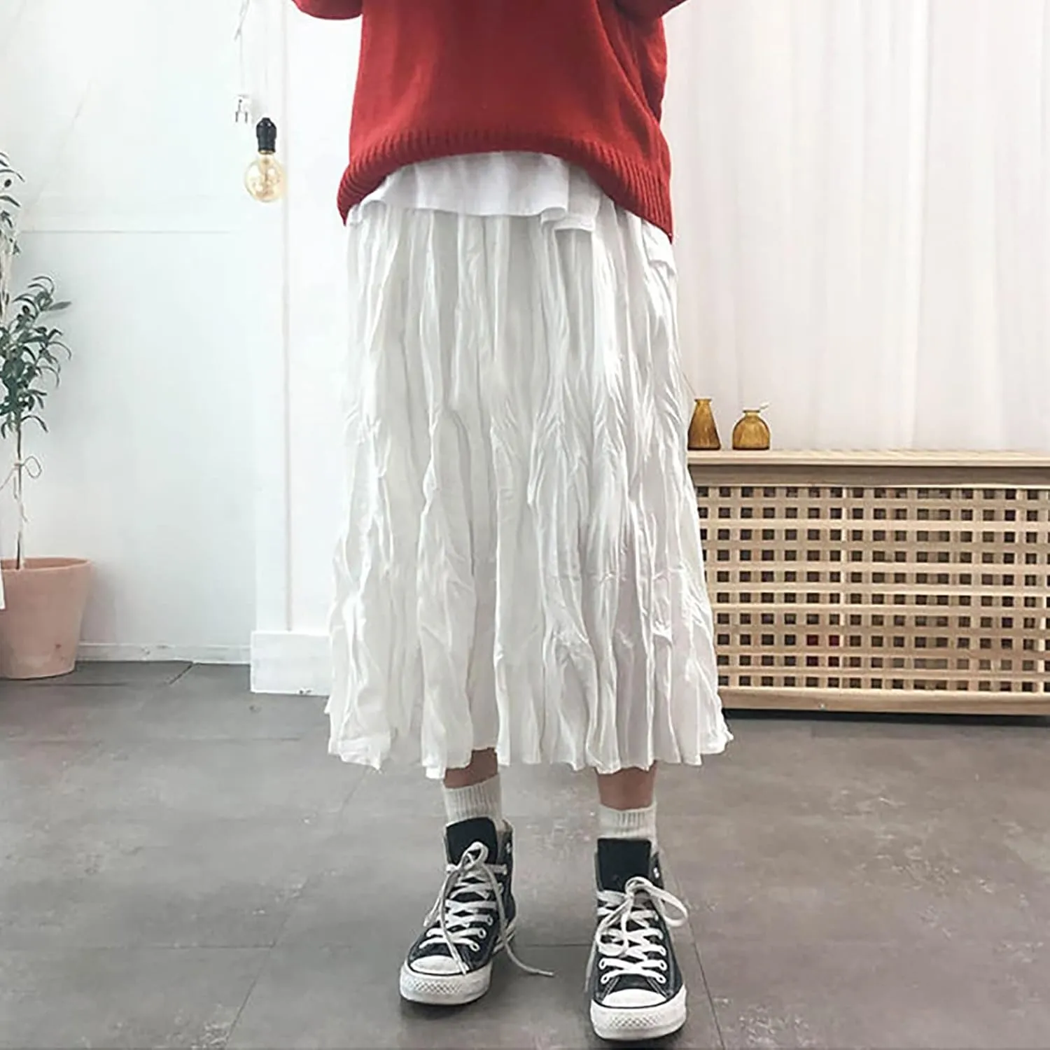 Women's Fashion Skirts High Waist Mid Length Pleated A Line Skirt Elastic Waistband Versatile Women Midi Skirts