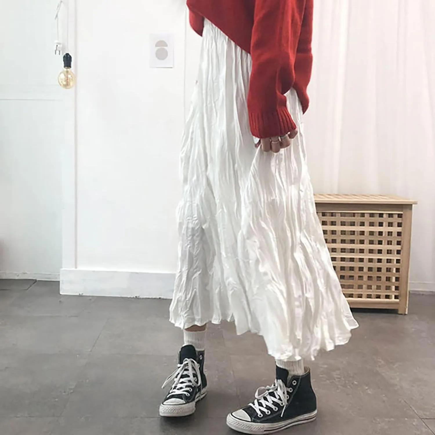 Women's Fashion Skirts High Waist Mid Length Pleated A Line Skirt Elastic Waistband Versatile Women Midi Skirts