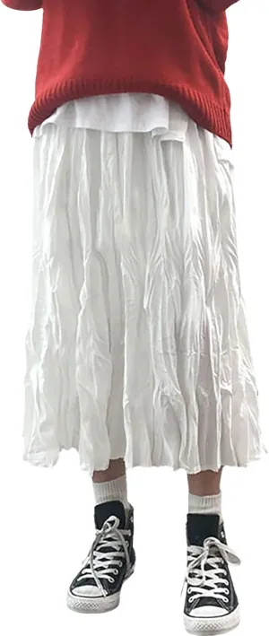 Women's Fashion Skirts High Waist Mid Length Pleated A Line Skirt Elastic Waistband Versatile Women Midi Skirts