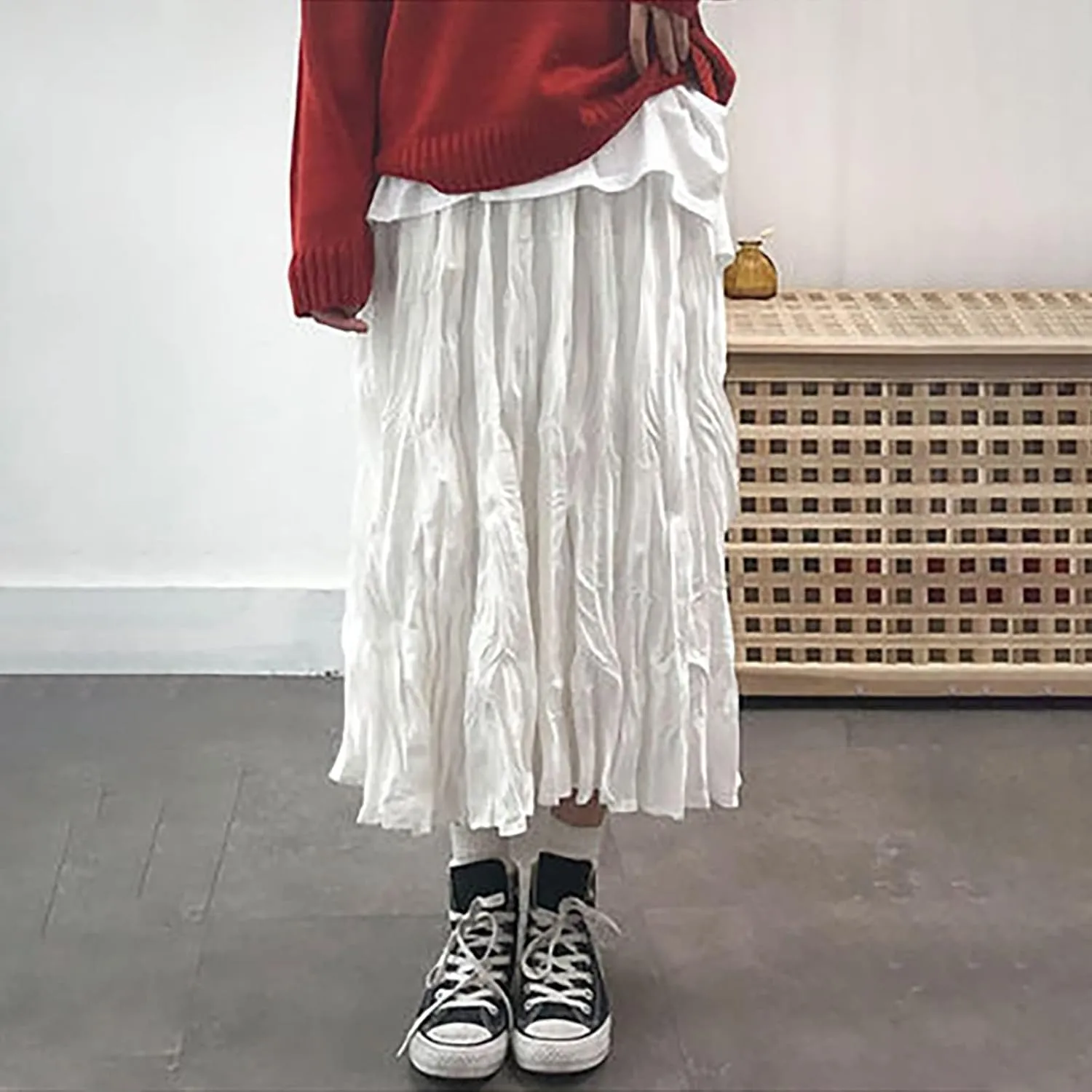Women's Fashion Skirts High Waist Mid Length Pleated A Line Skirt Elastic Waistband Versatile Women Midi Skirts