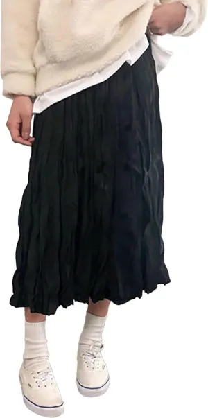 Women's Fashion Skirts High Waist Mid Length Pleated A Line Skirt Elastic Waistband Versatile Women Midi Skirts