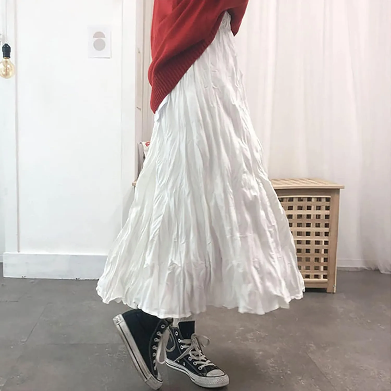 Women's Fashion Skirts High Waist Mid Length Pleated A Line Skirt Elastic Waistband Versatile Women Midi Skirts