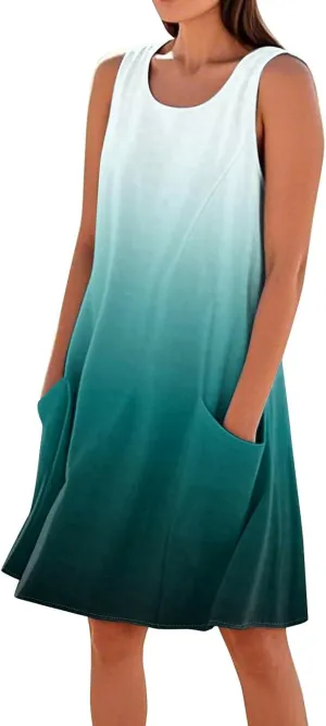 Womens Fashion Summer Vacation Sun Dresses 2025 Loose Sleeveless Sundresses Print Loose Fit Tank Dresses with Pockets