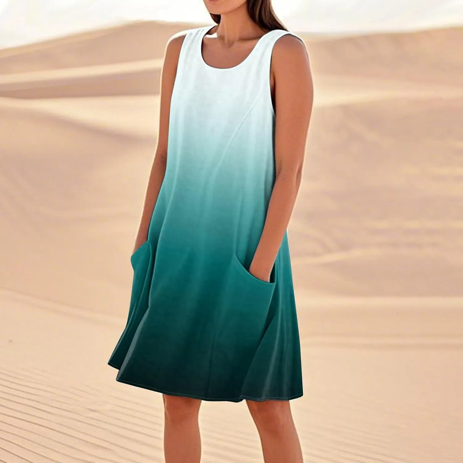 Womens Fashion Summer Vacation Sun Dresses 2025 Loose Sleeveless Sundresses Print Loose Fit Tank Dresses with Pockets