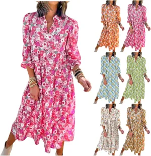Women's Floral Maxi Dress Summer Boho V Neck Half Sleeve Ruffle Dresses A Line Flowy Beach Party Midi Dresses