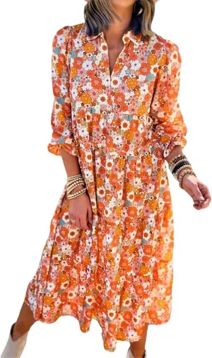 Women's Floral Maxi Dress Summer Boho V Neck Half Sleeve Ruffle Dresses A Line Flowy Beach Party Midi Dresses