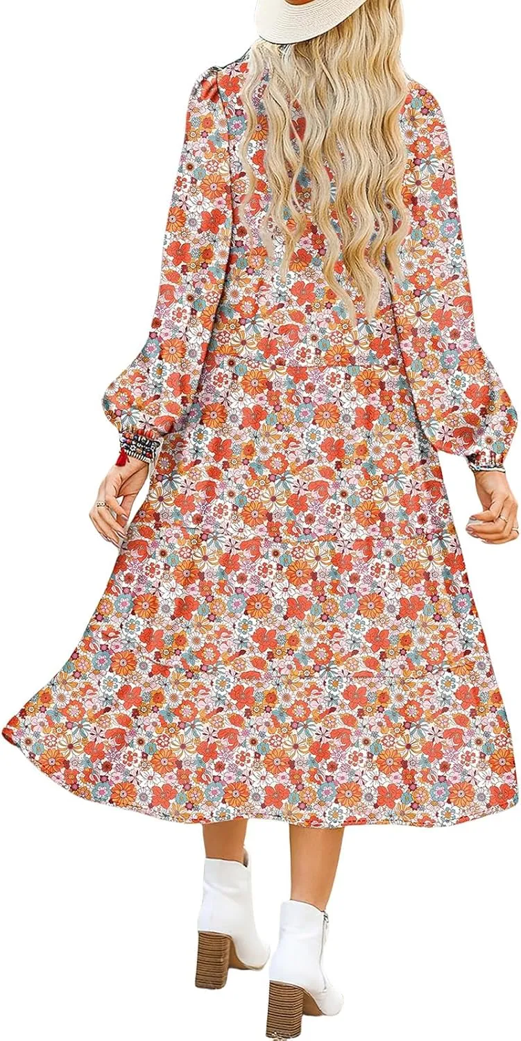 Women's Floral Maxi Dress Summer Boho V Neck Half Sleeve Ruffle Dresses A Line Flowy Beach Party Midi Dresses