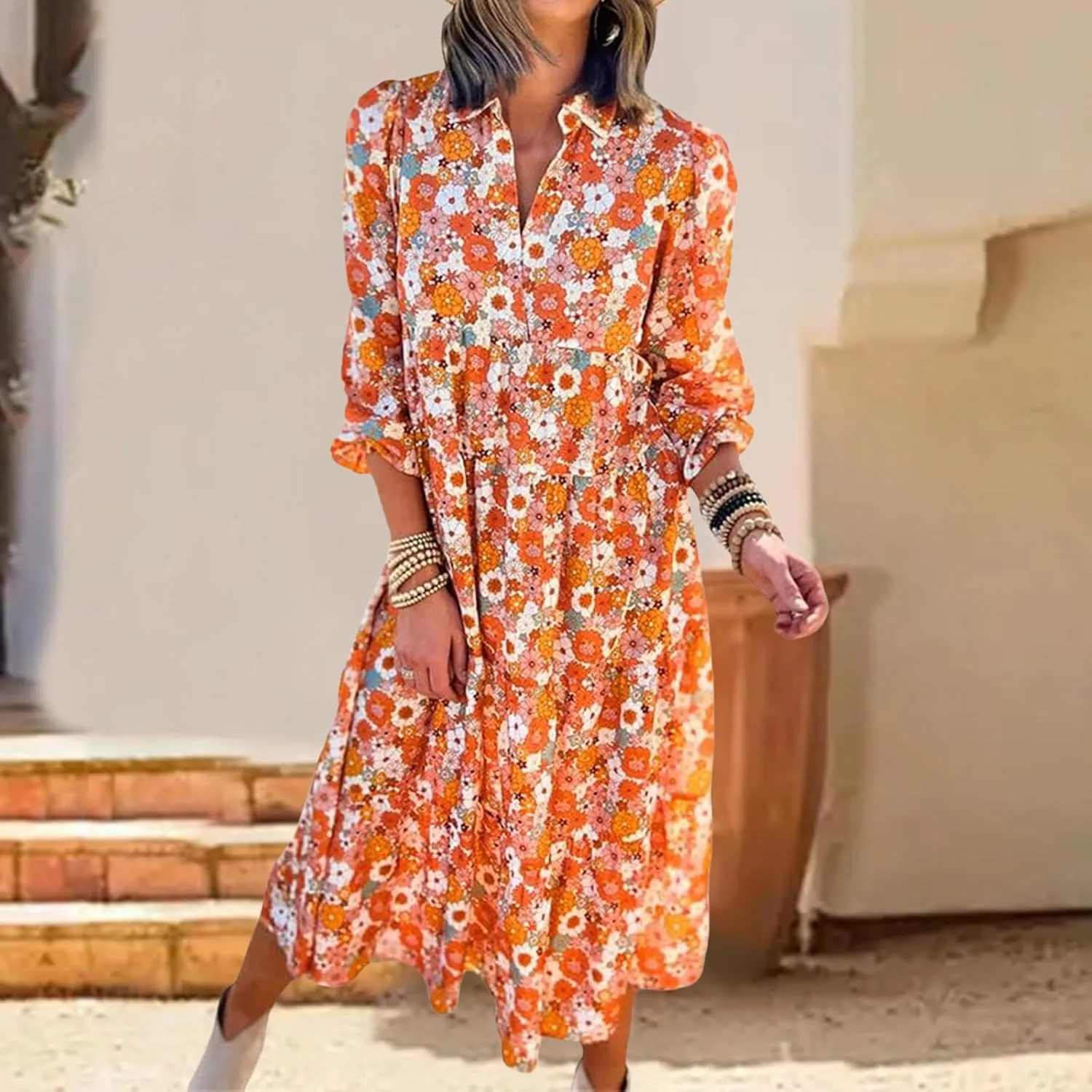 Women's Floral Maxi Dress Summer Boho V Neck Half Sleeve Ruffle Dresses A Line Flowy Beach Party Midi Dresses