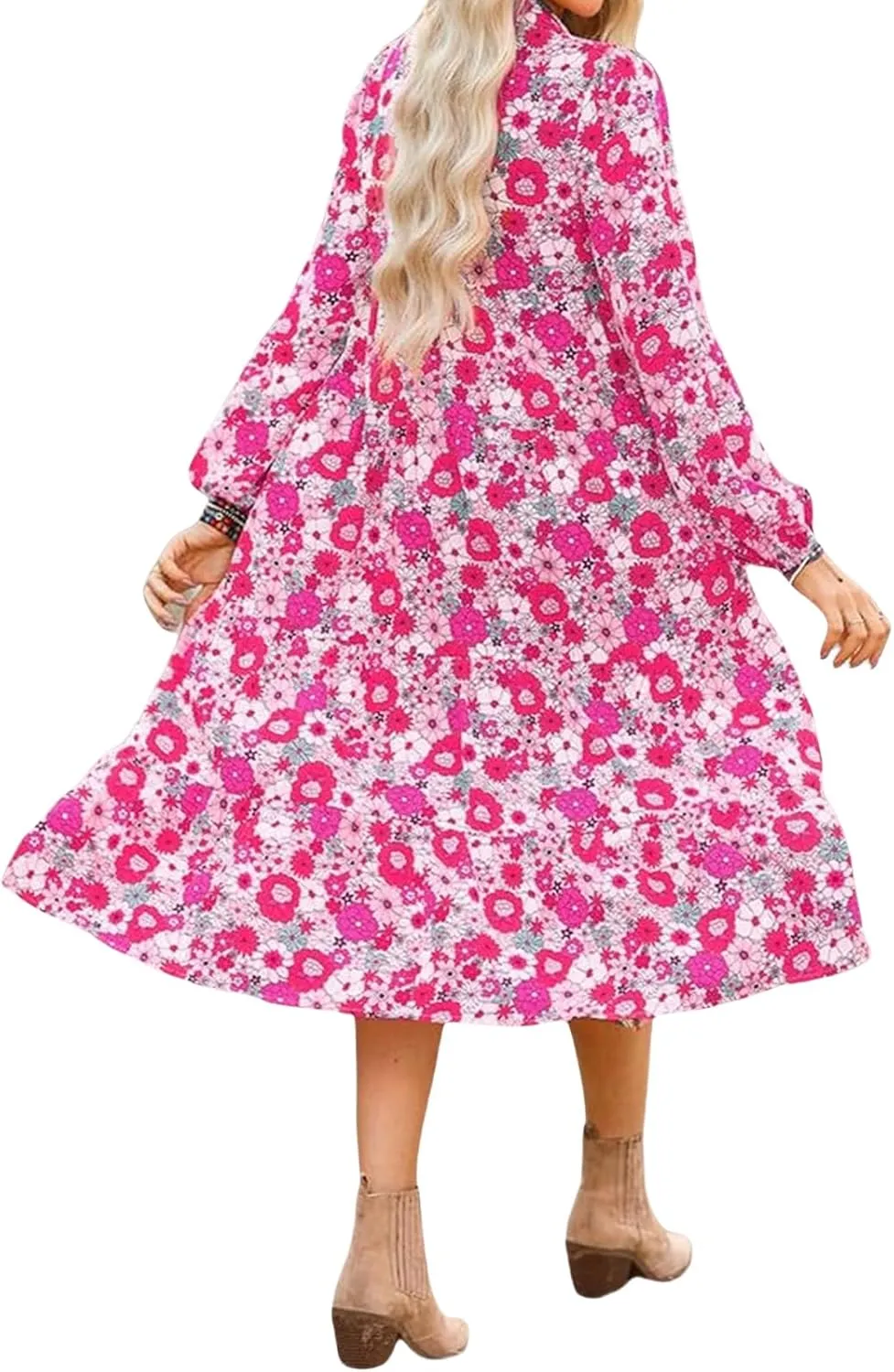 Women's Floral Maxi Dress Summer Boho V Neck Half Sleeve Ruffle Dresses A Line Flowy Beach Party Midi Dresses
