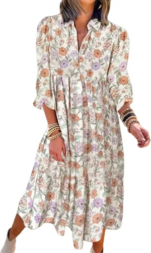 Women's Floral Maxi Dress Summer Boho V Neck Half Sleeve Ruffle Dresses A Line Flowy Beach Party Midi Dresses