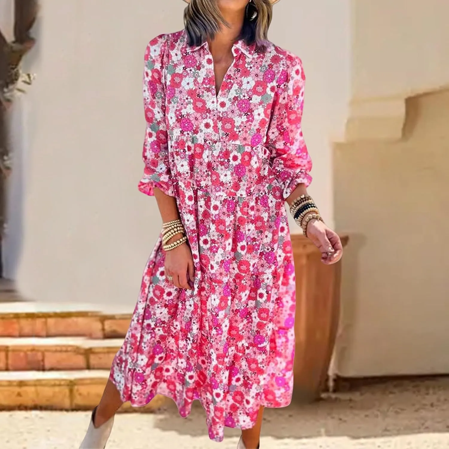 Women's Floral Maxi Dress Summer Boho V Neck Half Sleeve Ruffle Dresses A Line Flowy Beach Party Midi Dresses