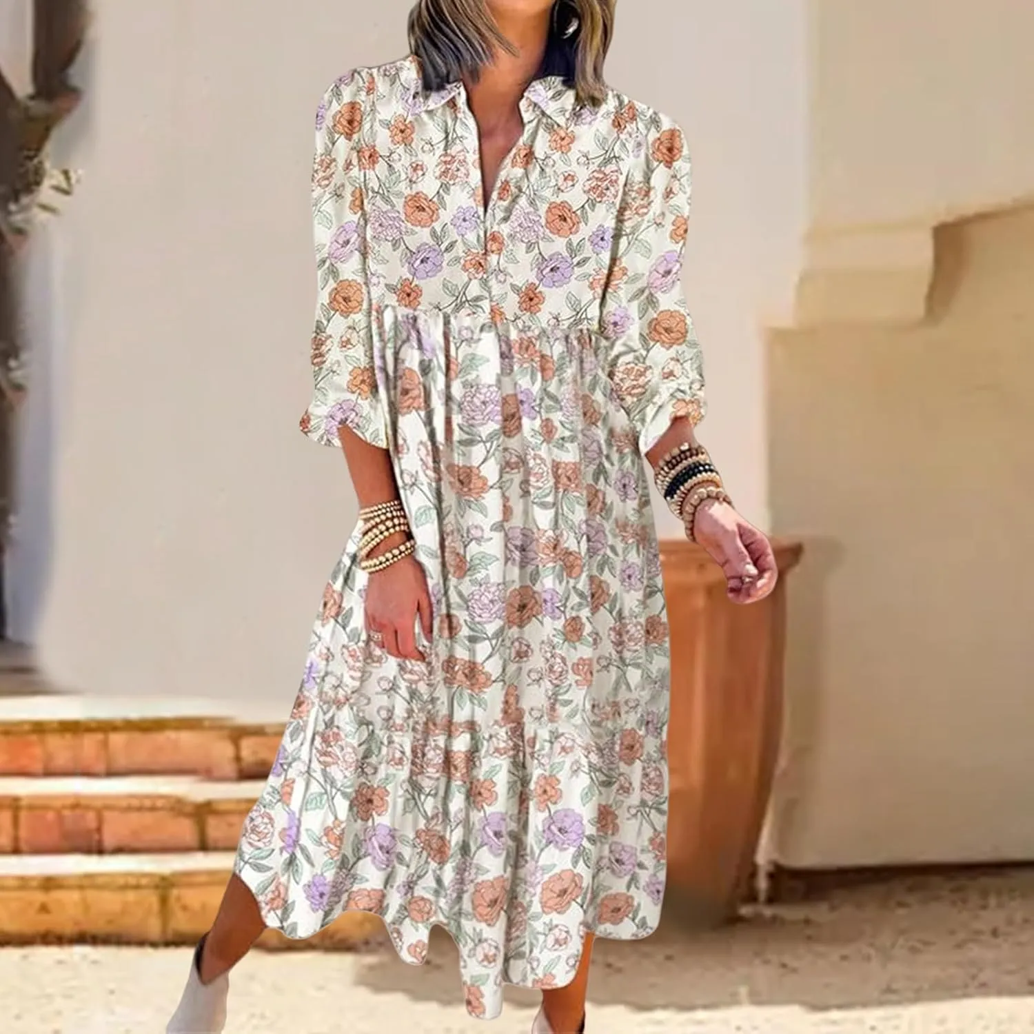Women's Floral Maxi Dress Summer Boho V Neck Half Sleeve Ruffle Dresses A Line Flowy Beach Party Midi Dresses