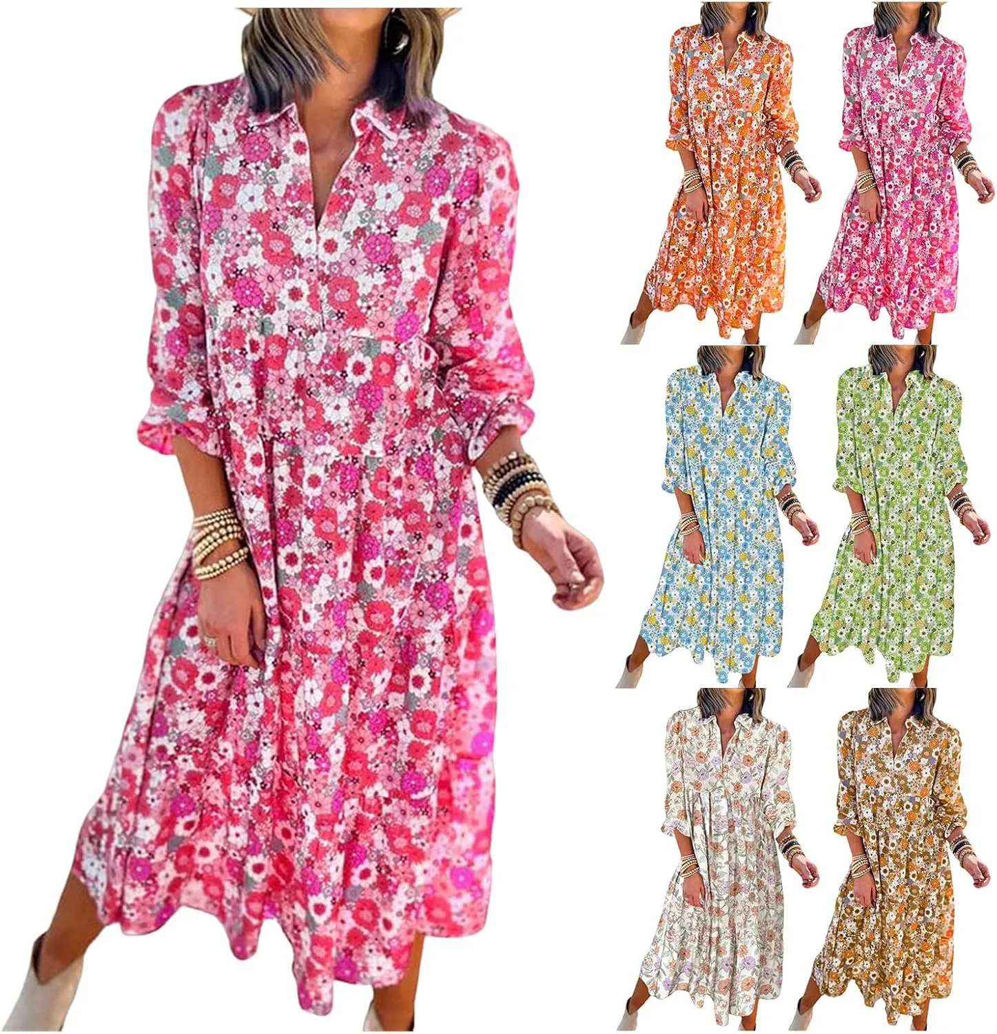 Women's Floral Maxi Dress Summer Boho V Neck Half Sleeve Ruffle Dresses A Line Flowy Beach Party Midi Dresses