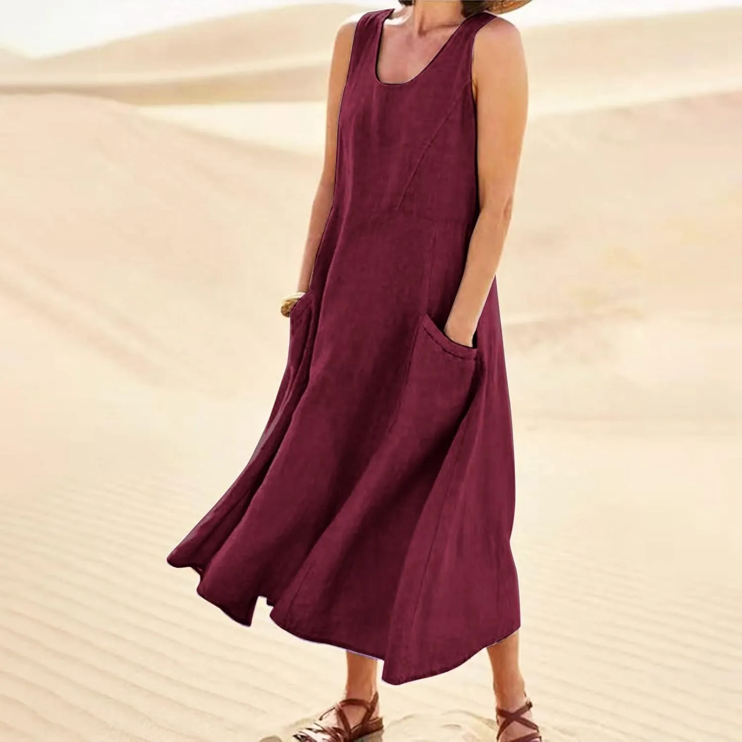 Womens Floral Maxi Dresses Plus Size Sleeveless Linen Boho Dress Long Flowy Sun Dress Summer Cotton Linen Tank Dress