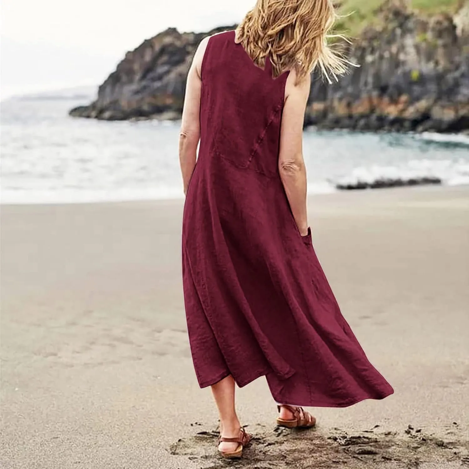 Womens Floral Maxi Dresses Plus Size Sleeveless Linen Boho Dress Long Flowy Sun Dress Summer Cotton Linen Tank Dress