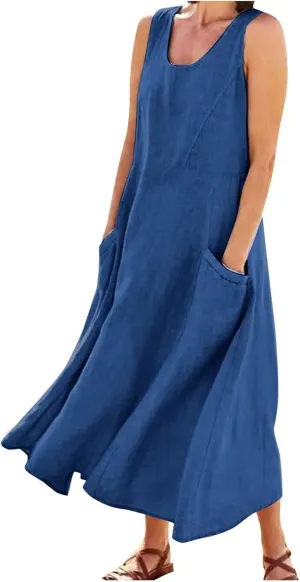 Womens Floral Maxi Dresses Plus Size Sleeveless Linen Boho Dress Long Flowy Sun Dress Summer Cotton Linen Tank Dress