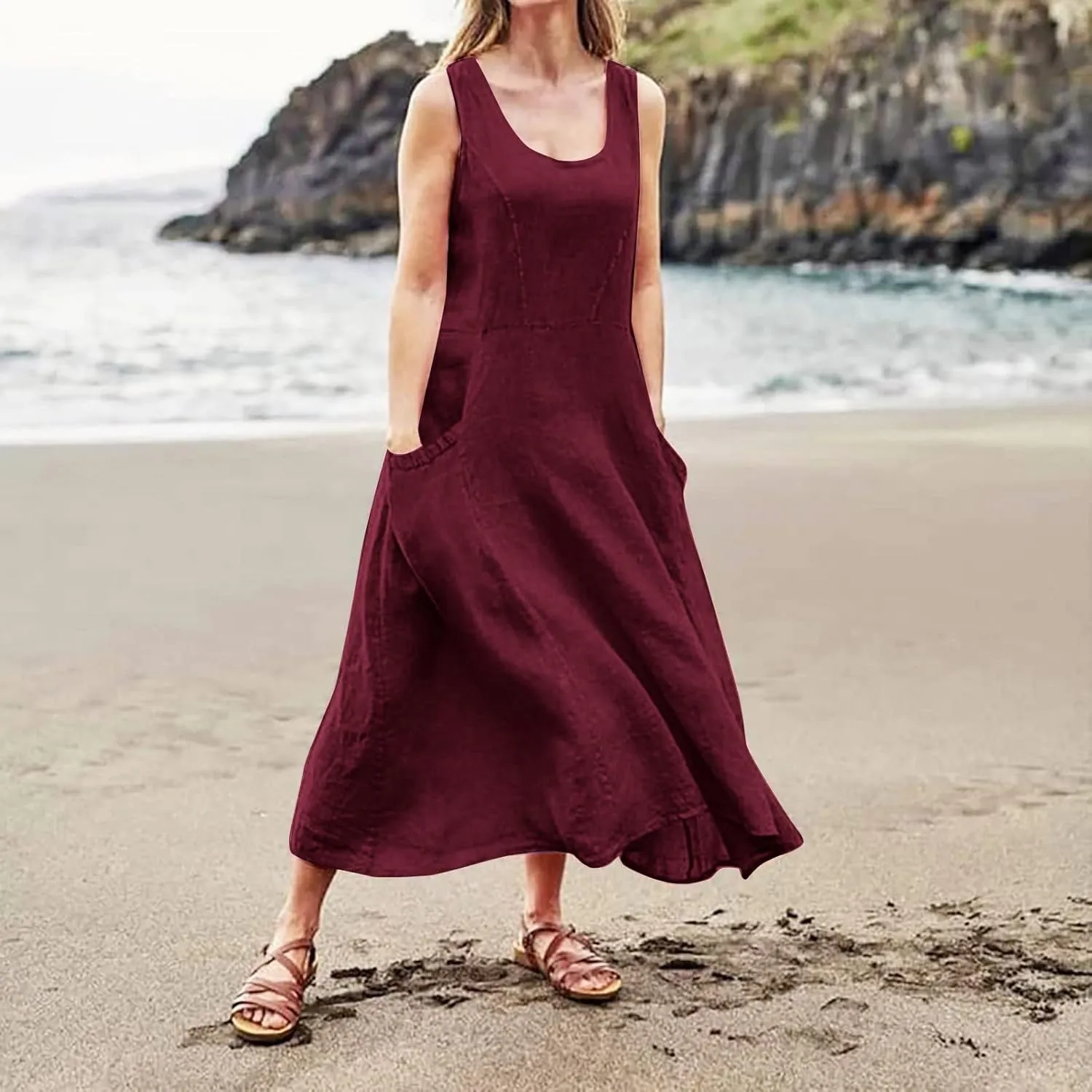 Womens Floral Maxi Dresses Plus Size Sleeveless Linen Boho Dress Long Flowy Sun Dress Summer Cotton Linen Tank Dress