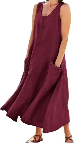 Womens Floral Maxi Dresses Plus Size Sleeveless Linen Boho Dress Long Flowy Sun Dress Summer Cotton Linen Tank Dress