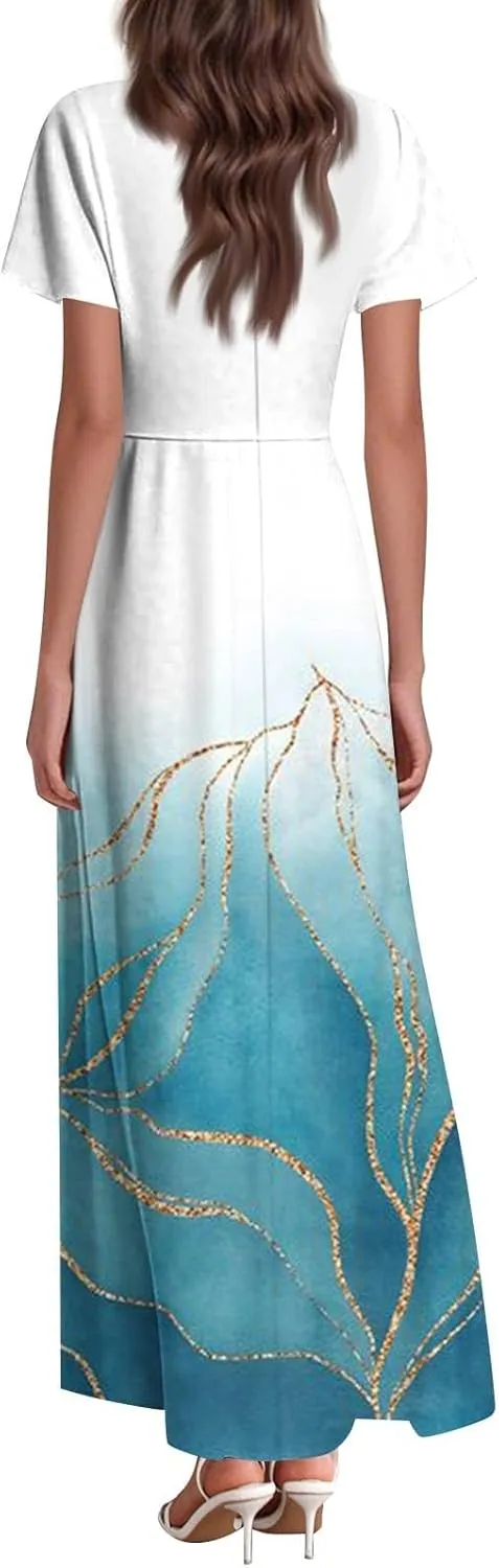 Women's Floral Maxi Elegant V-Neck Short Sleeve Summer Flowing A-Line Skirt for Casual & Formal Occasions
