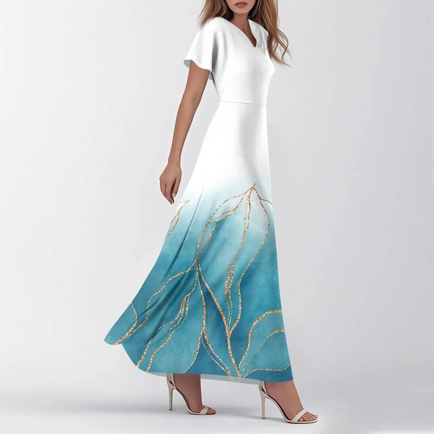 Women's Floral Maxi Elegant V-Neck Short Sleeve Summer Flowing A-Line Skirt for Casual & Formal Occasions