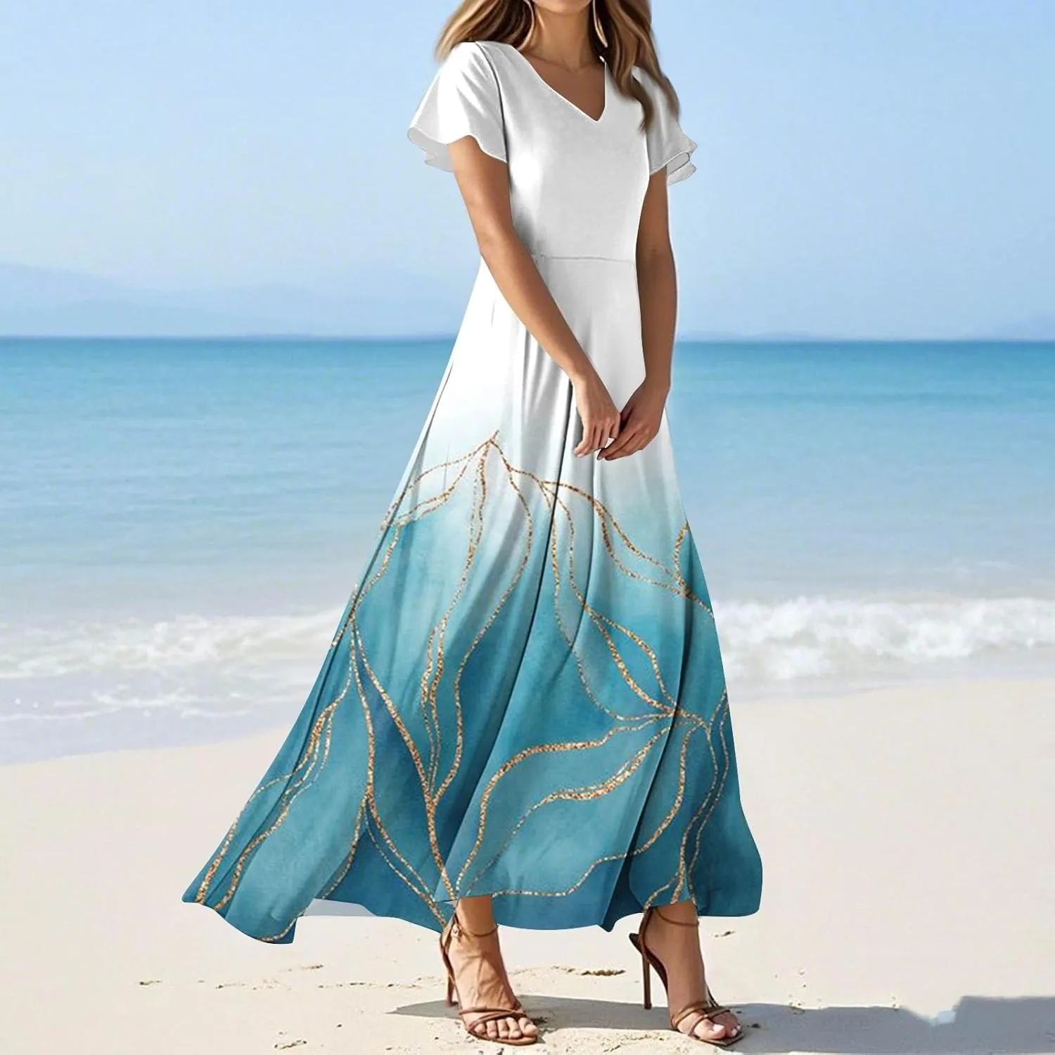 Women's Floral Maxi Elegant V-Neck Short Sleeve Summer Flowing A-Line Skirt for Casual & Formal Occasions
