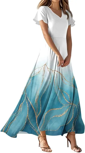 Women's Floral Maxi Elegant V-Neck Short Sleeve Summer Flowing A-Line Skirt for Casual & Formal Occasions
